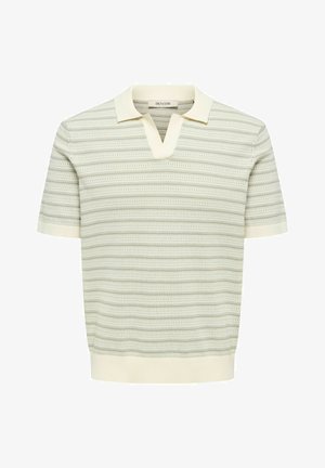 Polo en maille beige à manches courtes avec des rayures horizontales texturées, un col en V fendu, des poignets et une taille côtelés.