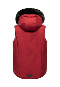 Gilet senza maniche rosso con design imbottito, dotato di cappuccio foderato in finta pelliccia nera e etichetta del marchio sull'orlo. Tessuto liscio.