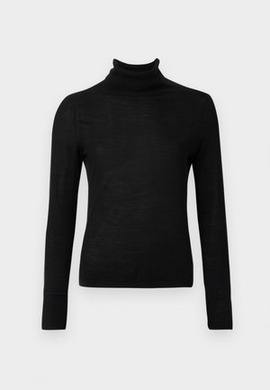 Sort polohals trøje lavet af et blødt strikmateriale. Fitted design med lange ærmer og ribbede kanter ved hals og afslutning.
