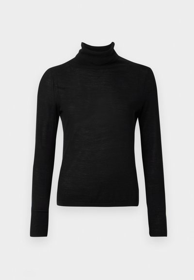 Pull à col roulé noir en matière tricot douce. Design ajusté avec des manches longues et un col et un ourlet côtelés.