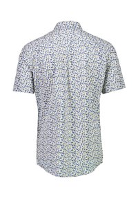 Camicia a maniche corte in tessuto bianco con un motivo floreale in blu e giallo. Presenta un colletto standard e un orlo dritto.