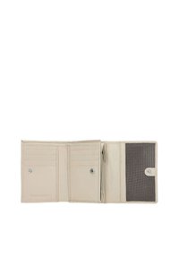 Portafoglio in pelle beige con molteplici slot per carte, un compartimento con zip e una funzione di protezione RFID. Texture liscia e design minimale.