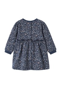 Langärmliges navy Kleid mit floralen Mustern in hellen Farben, rundem Ausschnitt, gerafftem Taillenbereich und gerippten Bündchen. Schließen mit Knopf hinten.