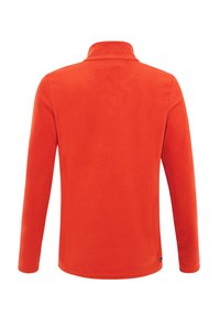 Pullover in felpa arancione, texture morbida, colletto alto, maniche lunghe, cuciture piatte e orlo dritto. Nessun hardware visibile o motivi.