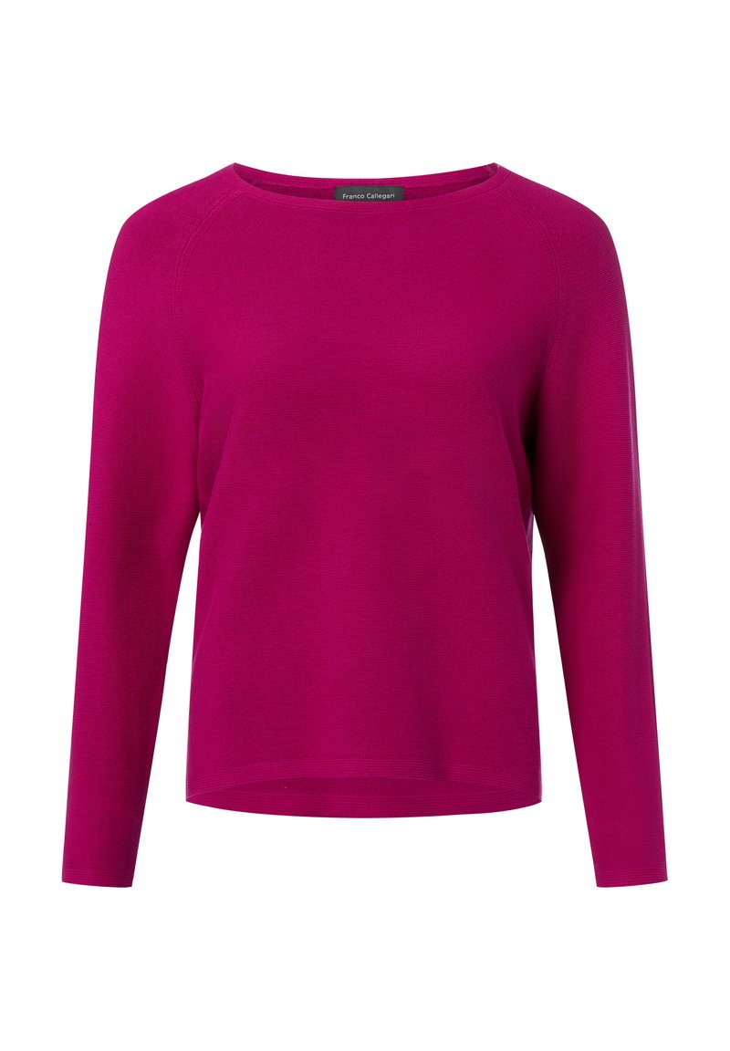 Fuchsia longsleeve top met een ronde hals. Geribbelde textuur, ontspannen pasvorm en versterkte schoudernaden. Label met de tekst "Franco Callegari."