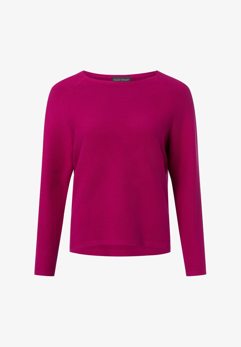 Haut fuchsia à manches longues avec encolure ronde. Texture côtelée, coupe décontractée et coutures renforcées aux épaules. L'étiquette indique "Franco Callegari".