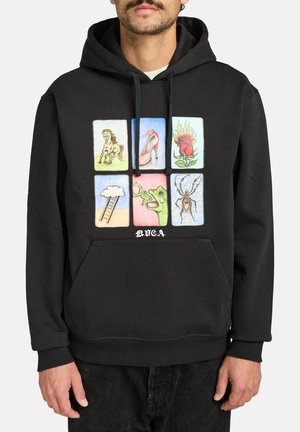 Black hoodie featuring a front graphic with six colorful square illustrations. Notable details include a front kangaroo pocket and drawstring hood.