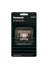Panasonic mes in transparante verpakking met een witte en oranje kam. Zwarte achtergrond, inclusief meertalig tekst voor productidentificatie.