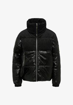 Black puffer jacket with ribbed texture at top, shiny surface on the bottom, high collar, zip front, and side pocket with decorative tassel.
