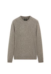 Maglione a maglia grigio chiaro con scollatura a girocollo, maniche lunghe e un motivo testurizzato con macchie. Materiale morbido e vestibilità rilassata.
