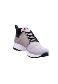 Athletic shoe featuring a gray and black knit upper, flexible laces, a padded collar, and a white midsole with a black outsole.