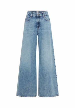 Jean taille haute à jambes larges, bleu clair, avec poches avant, passants pour ceinture et fermeture par boutons. Texture en denim délavé doux.