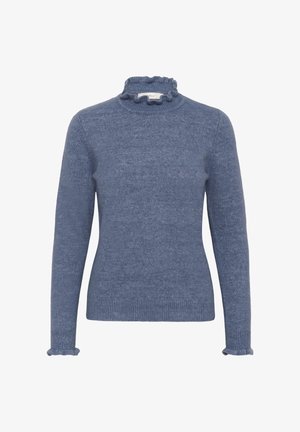 Hele helesinine sviiter, millel on kõrge volangiga krae ja pikad varrukad. Valmistatud pehmest kangast, millel on sile tekstuur. Ebaselged soonilised detailid mansettides.