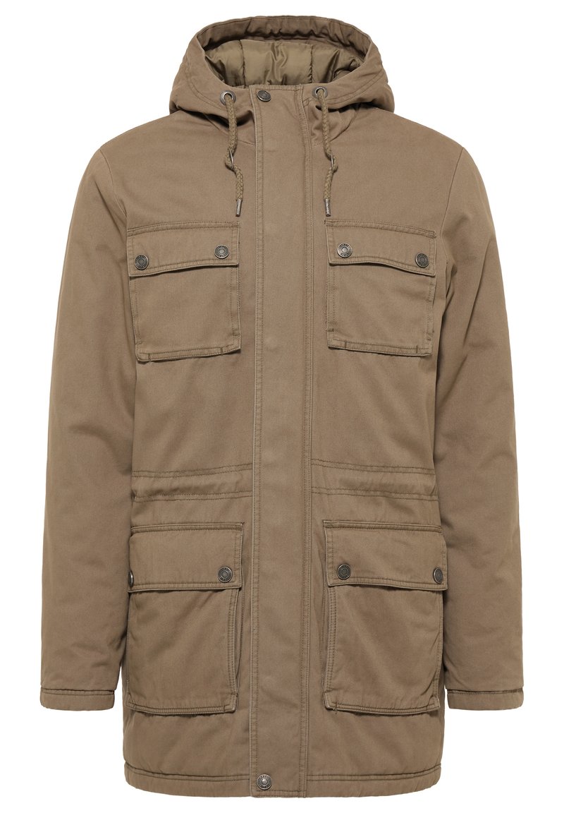Giacca invernale marrone con cappuccio, chiusura frontale con zip, cordino e quattro tasche a pattina con bottoni automatici.