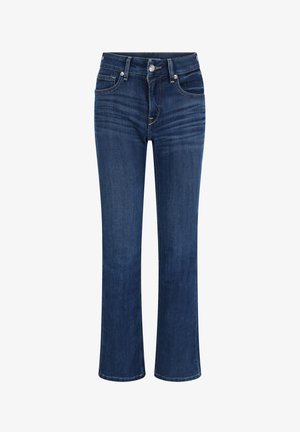 Jean en denim bleu foncé avec une coupe droite. Présente une fermeture à bouton, des passants de ceinture et un léger décoloré sur le devant. Pas de motifs.