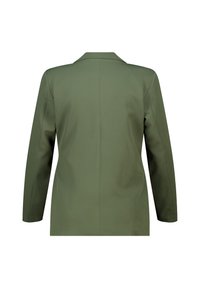 Olijfgroene blazer met een gestructureerd ontwerp, met lange mouwen, geknipte revers, een enkele naad aan de achterkant en een gladde stoftextuur.