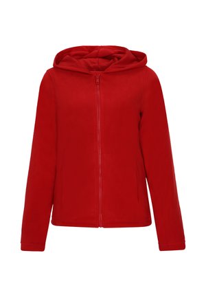 Rode fleecejack met capuchon, ritssluiting aan de voorkant en lange mouwen. Glad textuur, geen patronen en een casual pasvorm.