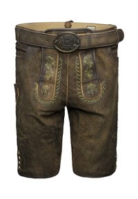 Bruine leren short met groene borduursels op de voorkant, voorzien van een brede tailleband en decoratieve knopen aan de zijkanten.