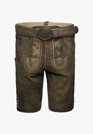 Pantalones cortos de cuero marrón con bordados verdes en la parte delantera, que presentan una cinturilla ancha y botones decorativos a los lados.