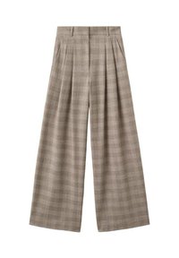 Pantalon large à jambes larges en tartan beige avec plis, doté d'une ceinture structurée et d'une coupe ample, confectionné dans un tissu texturé.