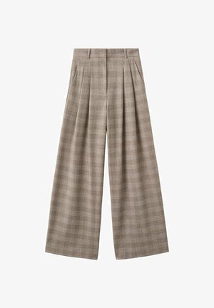Beżowe szerokie spodnie w kratę z plisami, wyposażone w usztywniany pas i luźny krój, wykonane z teksturowanej tkaniny.