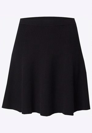 Schwarzer, gerippter A-Linie-Rock mit einem taillierten Bund und ausgestellt geschnittenem Saum. Glatte Textur, knielanges Design, geeignet für verschiedene Styling-Optionen.