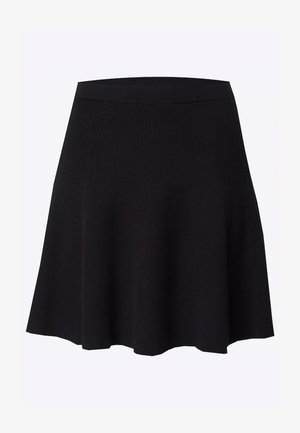 Črna rebrasta A-linija krilo z ustreznim pasom in razširjenim robom. Gladka tekstura, dolžina do kolen, primerna za različne stile.