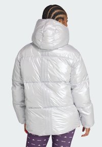 Srebrna podstavlja jakna s visokim kapuljačom, koja ima sjajnu teksturu i horizontalne šavove na leđima.