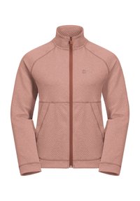 Giacca in fleece rosa chiaro con un design trapuntato testurizzato, colletto alto, chiusura frontale con zip e tasche laterali. Logo nell'area del petto sinistro.
