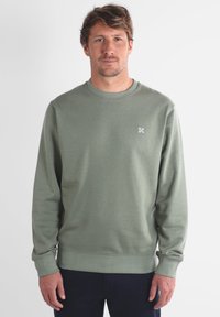 Sweatshirt en coton vert avec un col rond et des manches longues. Présente un petit logo blanc sur la poitrine et des poignets et un ourlet en côte.