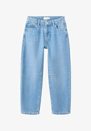 Lichtblauwe spijkerbroek met een losse pasvorm, voorzien van vijf zakken, een knoopsluiting en subtiele stikdetails.