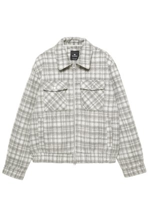 Šedý a biely károvaný kabát so zipsom vpredu, golierom a dvoma náprsnými vreckami, vyrobený z textúrovaného, teplého materiálu. Elastický pás pre lepšie prispôsobenie.