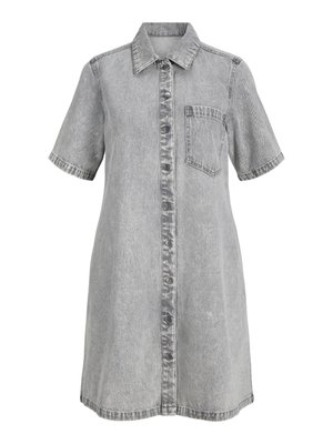 Gray denim dress with a button-front design, collar, short sleeves, and a chest pocket. Features a slightly faded texture.