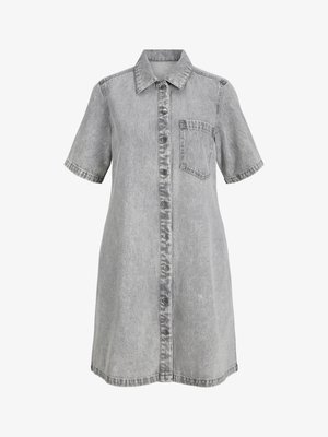 Gray denim dress with a button-front design, collar, short sleeves, and a chest pocket. Features a slightly faded texture.