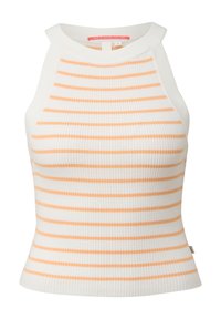 Rippentop in Weiß mit horizontalen orangen Streifen. Hat einen hohen Ausschnitt und eine taillierte Form. Weicher, dehnbarer Stoff.