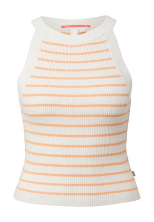 Biała, prążkowana bluzka bez rękawów z poziomymi pomarańczowymi paskami. Posiada wysoki dekolt i dopasowany krój. Miękka, elastyczna tkanina.