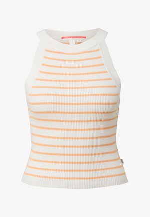 Biała, prążkowana bluzka bez rękawów z poziomymi pomarańczowymi paskami. Posiada wysoki dekolt i dopasowany krój. Miękka, elastyczna tkanina.