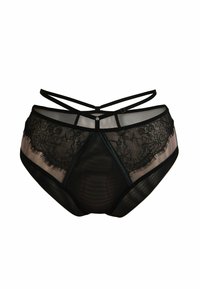 Czarne majtki o wysokim stanie z koronkowymi akcentami i przezroczystymi panelami siateczkowymi. Posiadają dekoracyjne paski z tyłu oraz gładką fakturę.