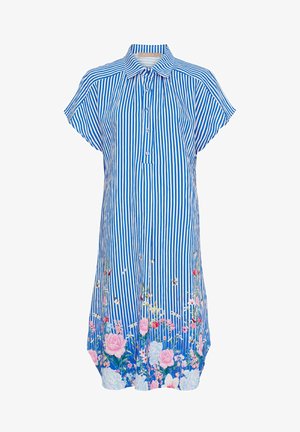 Blå- og hvidstribet kortærmet kjole med blomsterprint i pink og hvid ved kanten, med knapper foran og krave.