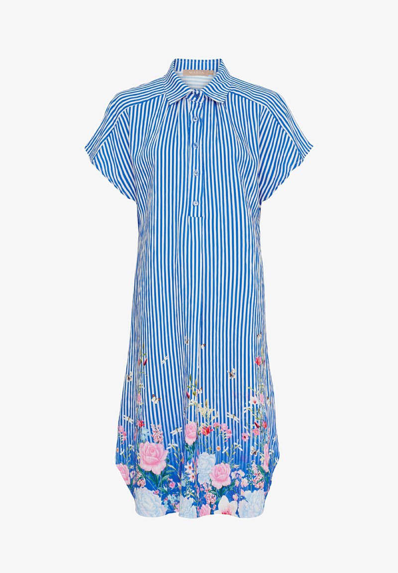 Blå- og hvidstribet kortærmet kjole med blomsterprint i pink og hvid ved kanten, med knapper foran og krave.