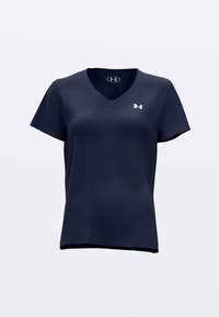 Temno modra majica s kratkimi rokavi in V-izrezom, narejena iz teksturirane tkanine, z majhnim belim logotipom Under Armour na prsih.