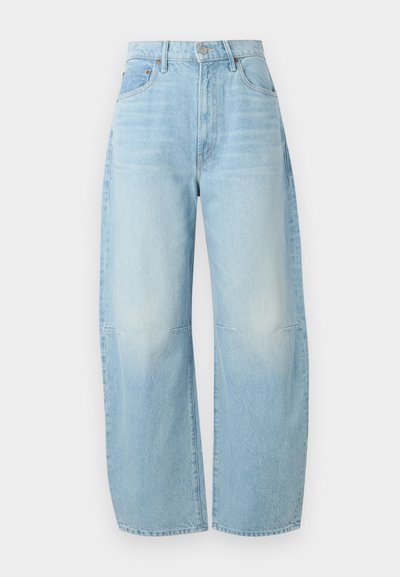 Light blue denim wide-leg jeans with a high waist, button closure, and subtle fading, featuring straight cuts and no embellishments.