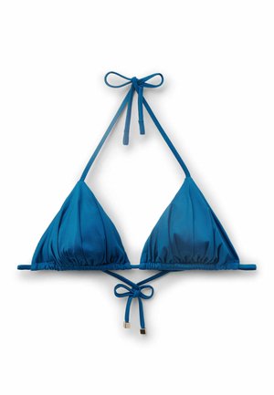 Haut de bikini triangle bleu avec liens réglables au niveau du cou et du dos, présentant un tissu froncé et de petits accents métalliques carrés aux extrémités.