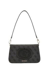 Borsa nera con logo stampato, realizzata in tessuto testurizzato, con un prominente emblema "CG" nero e una tracolla in metallo argentato.