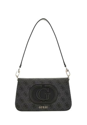 Borsa nera con logo stampato, realizzata in tessuto testurizzato, con un prominente emblema "CG" nero e una tracolla in metallo argentato.