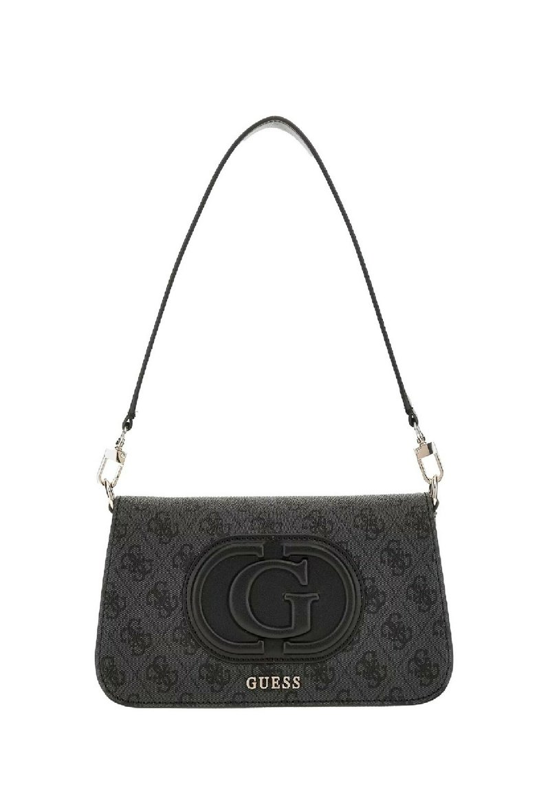 Borsa nera con logo stampato, realizzata in tessuto testurizzato, con un prominente emblema "CG" nero e una tracolla in metallo argentato.