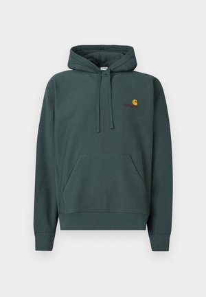 Temno zelena bombažna jopa s kapuco, z žepom v stilu kenguruja, vrvicami in majhnim logotipom v oranžni in bordo barvi na prsih.