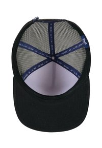 Black cap with a structured front, mesh back, and white interior. Inside features blue branding and a central button. Standard flat brim.