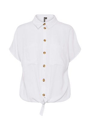 Witte blouse met korte mouwen en kraag, bruine knopen aan de voorkant, twee borstzakken en een geknoopt knoop aan de zoom.