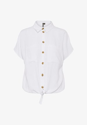 Hvid kortærmet bluse med krave, brune knapper foran, to brystlommer og en bundet knude i kanten.